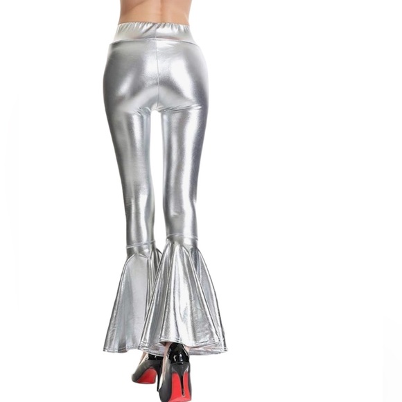 Women’s High Waisted Metallic Silver Flare Disco Pants - Size Large - Picture 2 of 5